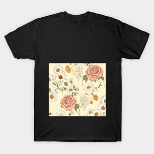 Hand-drawn floral motifs. Delicate daisies and roses scattered on a pale yellow background. Vintage flower wallpaper. T-Shirt